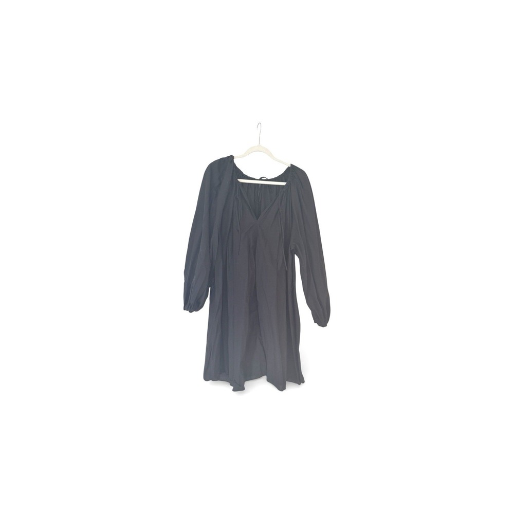 H&M Women Black Long Sleeve Tie Belt Tunic Dress Size Medium Balloon Sleeve Boho